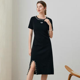 「自」全新升级【铂金会员220/天猫299/差价79】(84548)洛诗琳夏季新款针织连衣裙2025法式设计感高腰钉珠A字裙女