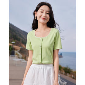 【专属特价】熙世界小香风气质U领T恤女2025新款夏装宽松显瘦百搭正肩上衣