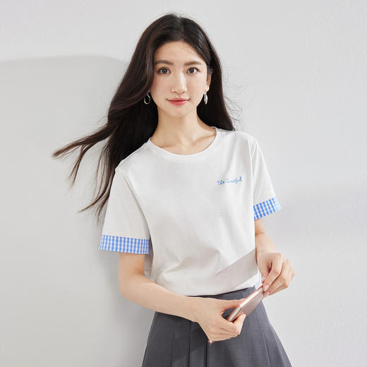 【周末秒杀】熙世界休闲运动风正肩T恤女夏季设计感格纹短袖体恤全棉圆领上衣 商品图4