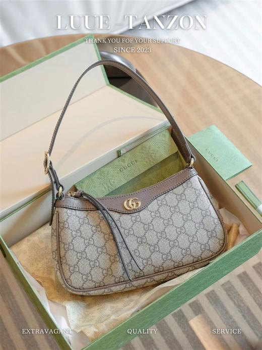 G家 OPHIDIA 老花满印双G徽标拉链开合 帆布拼皮 麻将包 腋下包手提包 小号女款 乌木色/棕色（LZ） 商品图1