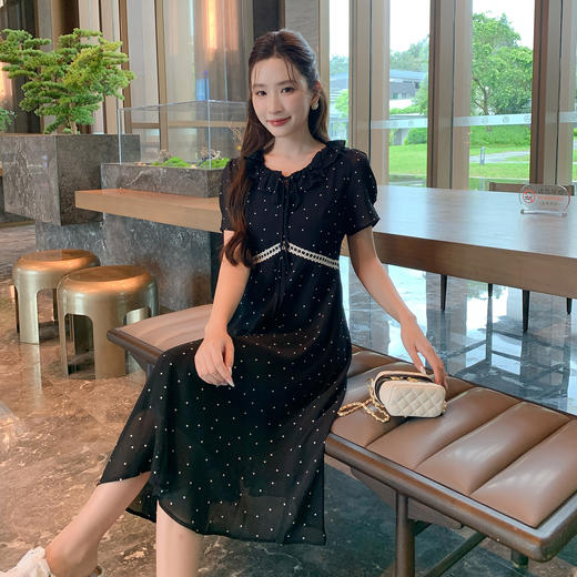 奢姿大码女装2025夏季新款气质V领荷叶边领子雪纺波点短袖连衣裙9952803067A 商品图0
