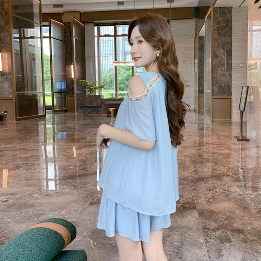 奢姿大码女装2026夏季减龄露肩休闲两件套胖妹妹织带时尚松紧套装9952990589 商品图3