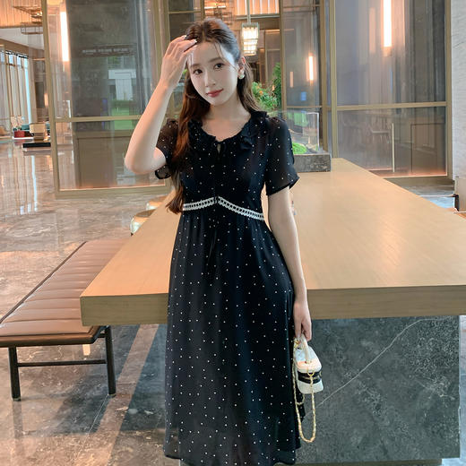 奢姿大码女装2025夏季新款气质V领荷叶边领子雪纺波点短袖连衣裙9952803067A 商品图1