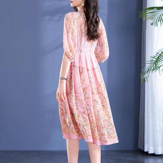 丁摩100%桑蚕丝超重工减龄花边真丝印花中长款大摆连衣裙收腰款5ZF-90275 商品图3