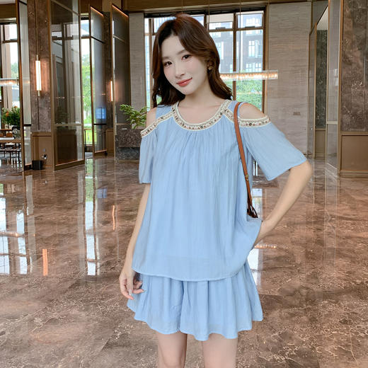 奢姿大码女装2026夏季减龄露肩休闲两件套胖妹妹织带时尚松紧套装9952990589 商品图4