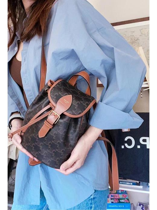 赛琳-凯旋门folco trio mphe canvas标志印花和牛皮革迷你背包（LZ） 商品图5