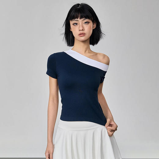 Gymicon能量符号 春夏款斜肩撞色短袖运动上衣固定罩杯瑜伽服健身跑步速干户外T恤YASY2506 商品图0