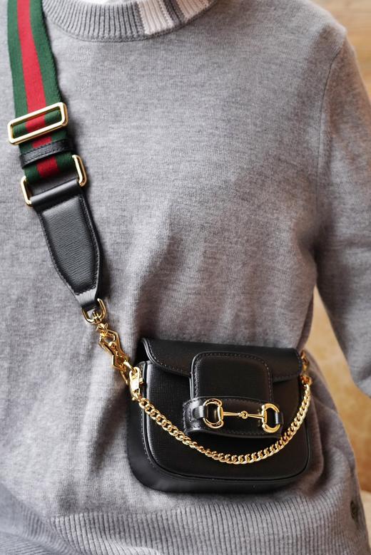 古驰 Horsebit 1955系列"小废包" 老花、黑色皮革肩带斜挎包（LZ） 商品图7