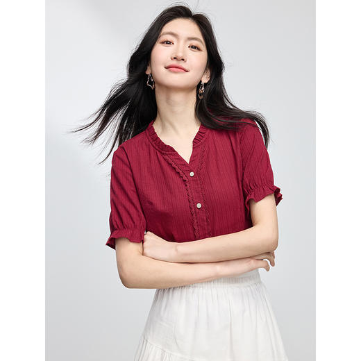 【专属特价】熙世界2025夏装新款雅致纯棉木耳边肌理衬衫女显瘦百搭衬衣上衣女 商品图4