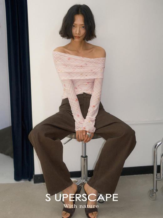 素舶 雪纺皱小碎花格纹一字肩法式堆堆领印花T恤SUPERSCAPE 商品图4