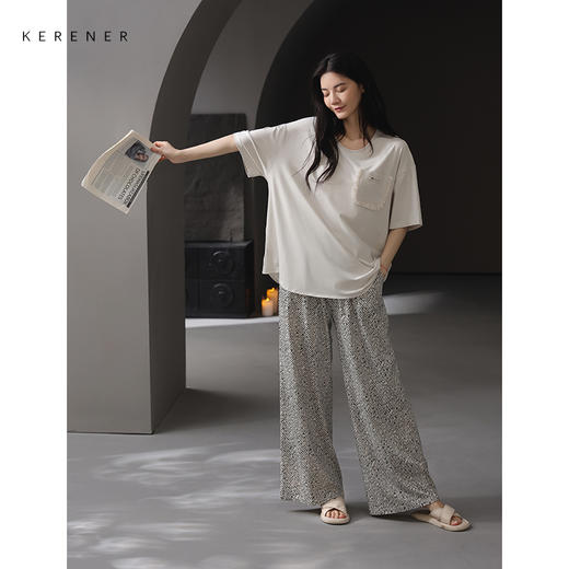 可人儿带胸垫睡衣夏季凉感莫代尔女士家居服短袖长裤套装可外穿 商品图2