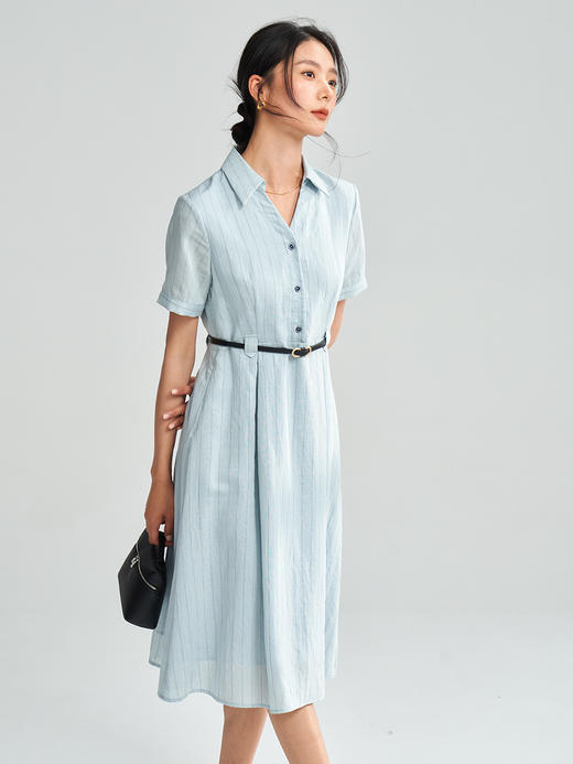 品牌同步亚麻棉OL知性条纹收腰显瘦通勤衬衫连衣裙 商品图2
