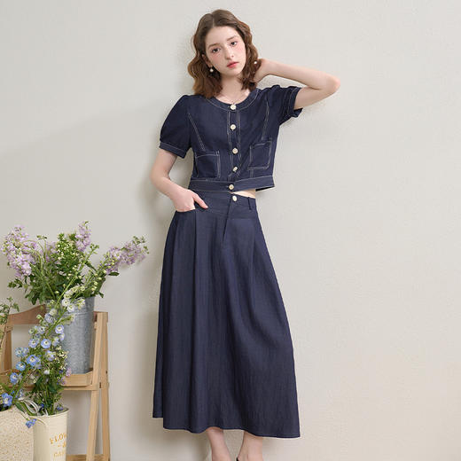 西遇复古港风牛仔套装女秋季明线短袖上衣半身裙两件套V2551103 商品图2