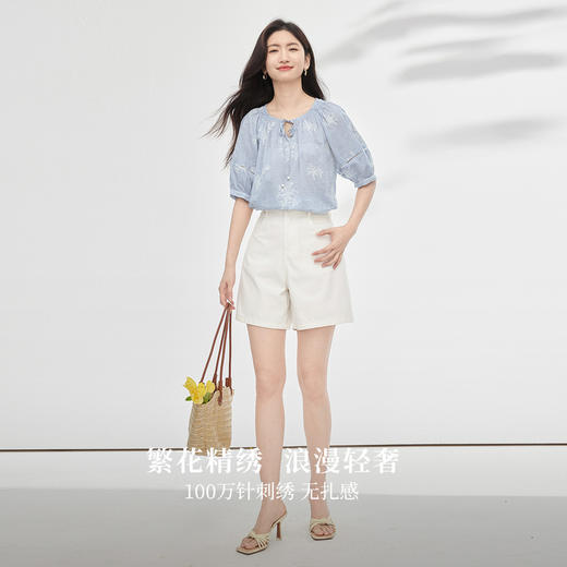 【夏日新品】熙世界法式重工刺绣衬衫女短袖夏季宽松小众设计系带圆领全棉上衣 商品图2