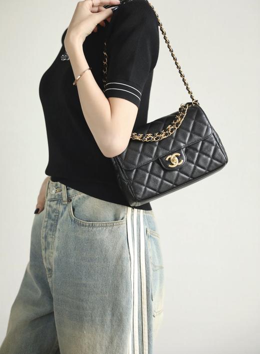 香奈儿 25P春夏 双链口盖包中号黑色（LZ） 商品图9