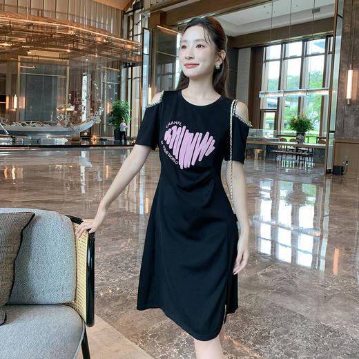 奢姿大码女装2025夏季减龄印花露肩时尚连衣裙胖妹妹开衩设计裙子9952802970A 商品图4
