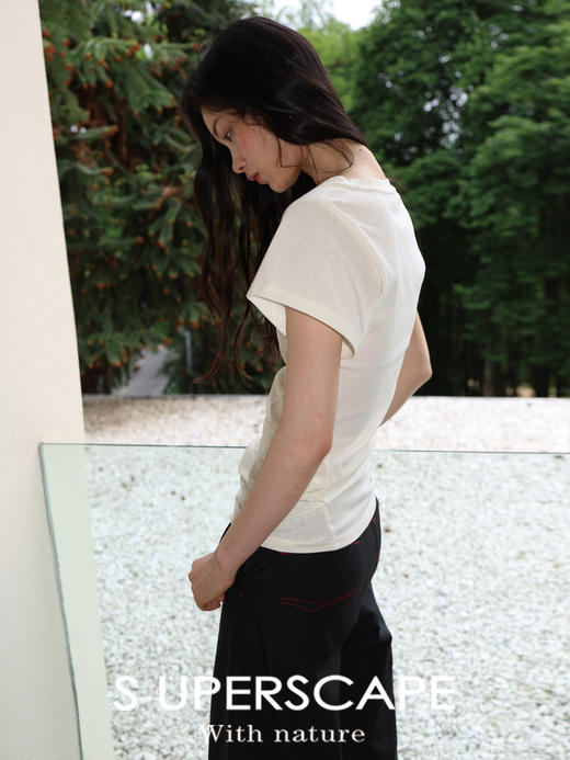 素舶 高支高密竹节棉混纺亲肤V领收腰捏褶堆叠T恤SUPERSCAPE 商品图1