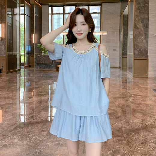 奢姿大码女装2026夏季减龄露肩休闲两件套胖妹妹织带时尚松紧套装9952990589 商品图0