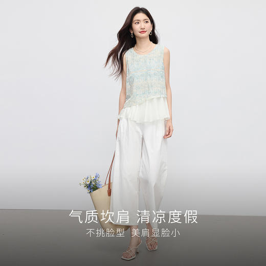 【07/23新品】熙世界设计感假两件无袖背心女夏季法式度假刺绣圆领衬衫坎肩上衣 商品图2