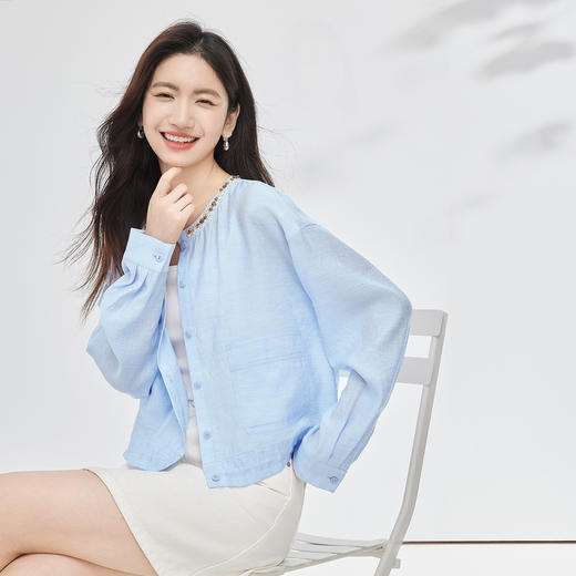 【夏日新品】熙世界羊毛防晒衬衫短外套女薄款夏季百搭小个子织带圆领开衫上衣 商品图4
