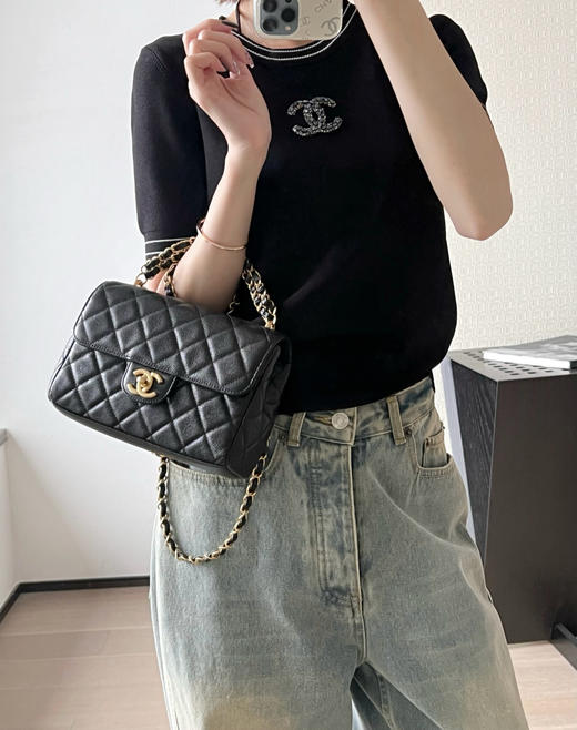 香奈儿 25P春夏 双链口盖包中号黑色（LZ） 商品图4