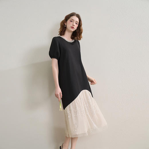 【限时秒杀】西遇气质优雅法式钉珠领口连衣裙女夏季亮片撞色拼接长裙V2451119 商品图4