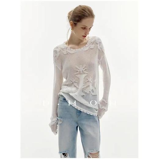 和纸纱镂空提花罩衫 超柔和纸纱材质 进口机器编织 纹理清晰 条干均匀 透气性好 宽松版型 日常好搭配 商品图3