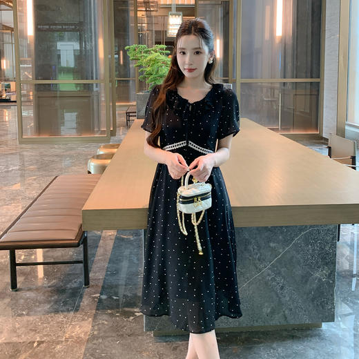 奢姿大码女装2025夏季新款气质V领荷叶边领子雪纺波点短袖连衣裙9952803067A 商品图2