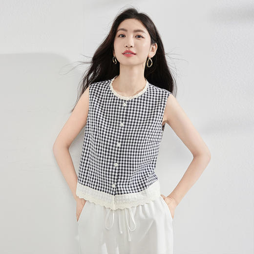 【07/23新品】熙世界法式蕾丝花边拼接格纹衬衫女夏季新款小众设计无袖背心上衣 商品图3
