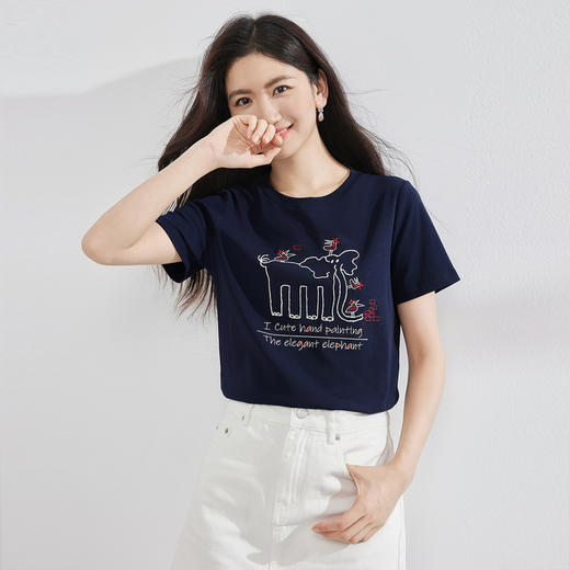 【专属特价】熙世界大象印花短袖T恤女2025夏季新款百搭休闲减龄圆领体恤上衣 商品图4
