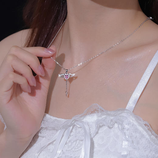 【丘比特之心】六鑫珠宝 s999足银粉钻爱心翅膀流苏项链 甜美百搭 商品图2