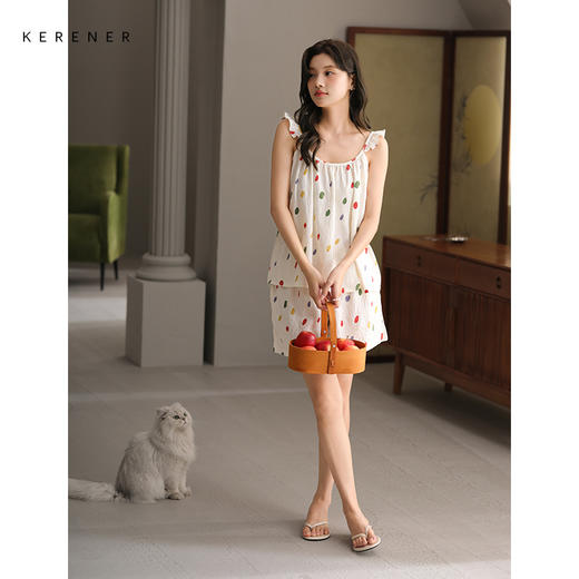 可人儿小众泡泡绵女士吊带短裤睡衣夏季可外出家居服长裤三件套 商品图3