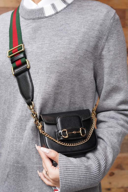 古驰 Horsebit 1955系列"小废包" 老花、黑色皮革肩带斜挎包（LZ） 商品图6