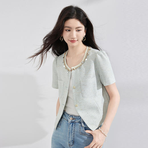 【专属特价】熙世界小香风亮片织带圆领外套女短款小个子夏季薄款短袖开衫上衣 商品图4