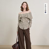 西遇格纹荷叶边一字肩长袖衬衫女秋季抽褶收腰显瘦上衣V2551139 商品缩略图0