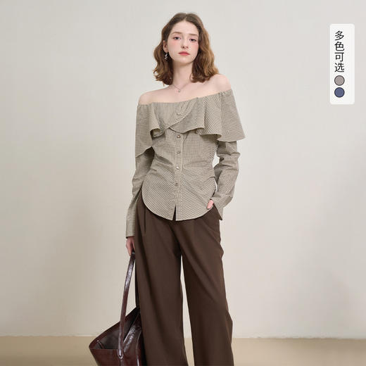 西遇格纹荷叶边一字肩长袖衬衫女秋季抽褶收腰显瘦上衣V2551139 商品图0