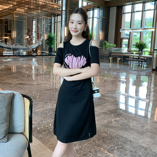 奢姿大码女装2025夏季减龄印花露肩时尚连衣裙胖妹妹开衩设计裙子9952802970A 商品图2