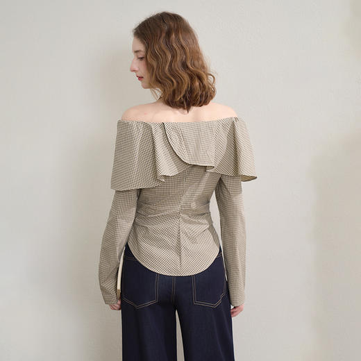 西遇格纹荷叶边一字肩长袖衬衫女秋季抽褶收腰显瘦上衣V2551139 商品图4