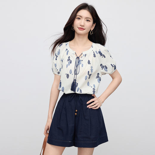 【周末秒杀】熙世界波西米亚风套装女夏季2025新款复古印花衬衫a字短裤两件套 商品图4