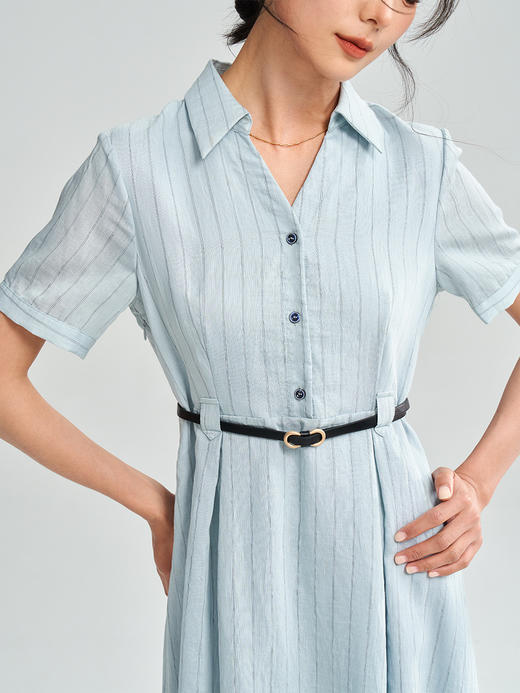 品牌同步亚麻棉OL知性条纹收腰显瘦通勤衬衫连衣裙 商品图3