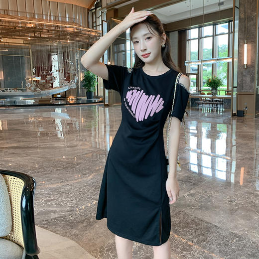 奢姿大码女装2025夏季减龄印花露肩时尚连衣裙胖妹妹开衩设计裙子9952802970A 商品图1