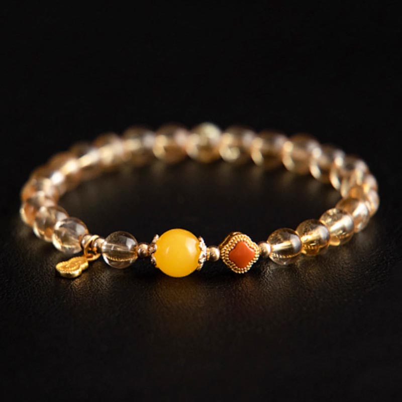 【林栖好物】天然黄水晶手串南红四叶草蜜蜡转运珠福牌叠戴手饰6mm