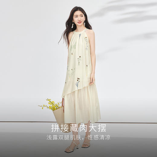 【专属特价】熙世界莱赛尔无袖挂脖连衣裙女夏季法式绝美假两件植物刺绣长裙子 商品图2
