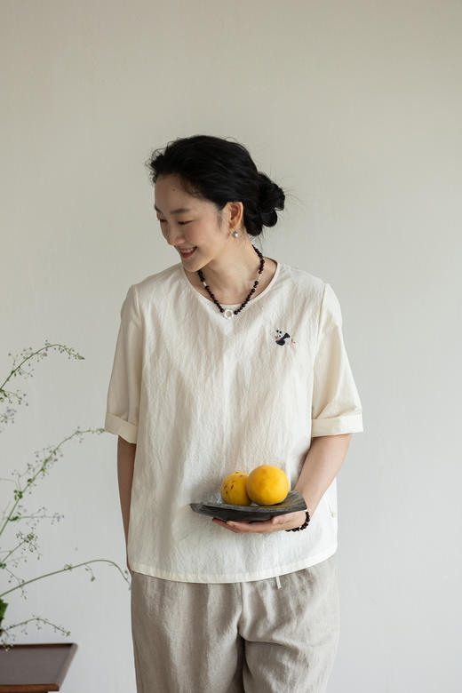 牧衣游原创 汉麻棉手工刺绣套头衫质朴简约东方白色圆领上衣 枝己 商品图5