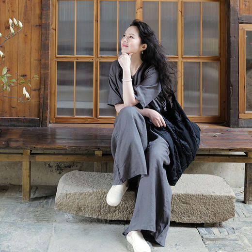 绽放旅行女装415朵/复活款·2021年砂洗亚麻V领显瘦短袖连体裤女 商品图3