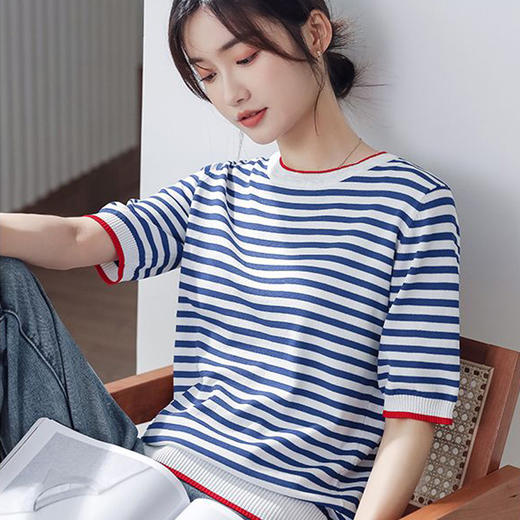 清爽撞色条纹简约针织衫T恤，夏季轻薄凉感短袖上衣 商品图4