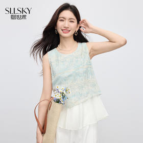 【07/23新品】熙世界设计感假两件无袖背心女夏季法式度假刺绣圆领衬衫坎肩上衣