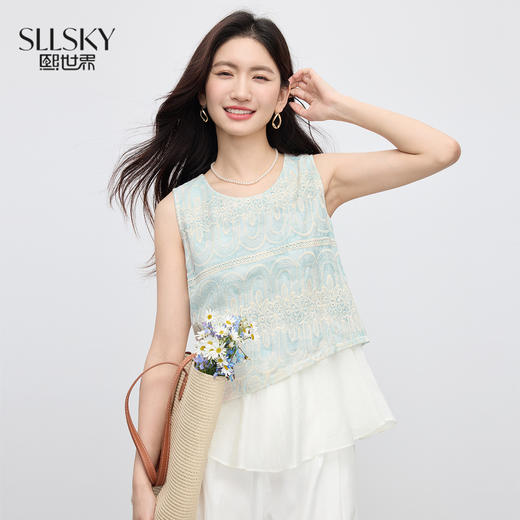 【07/23新品】熙世界设计感假两件无袖背心女夏季法式度假刺绣圆领衬衫坎肩上衣 商品图0