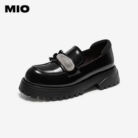 MIO米奥乐福鞋钻饰花朵圆头粗跟学院厚底黑色小皮鞋M254514461