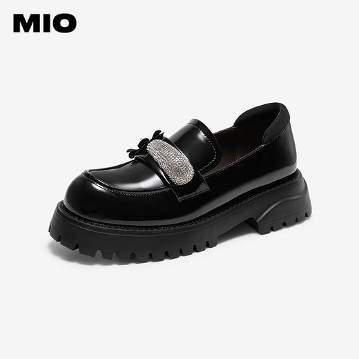 MIO米奥乐福鞋钻饰花朵圆头粗跟学院厚底黑色小皮鞋M254514461 商品图0